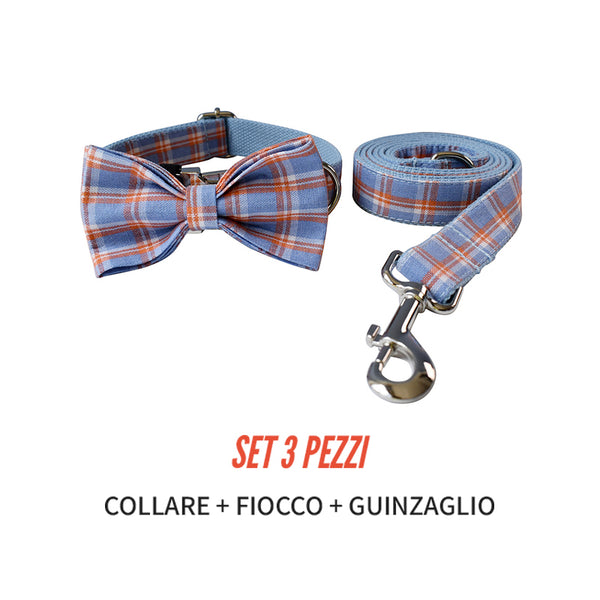 PERSONALIZZABILE - SET COLLARE PER CANI A QUADRETTI CELESTE E ARANCIONE
