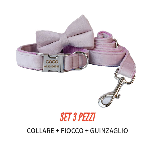 PERSONALIZZABILE - SET COLLARE PER CANI IN VELLUTO ROSA TENUE
