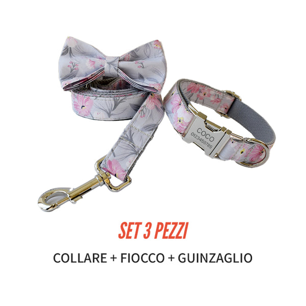 PERSONALIZZABILE - SET COLLARE PER CANI A FIORI GRIGIO