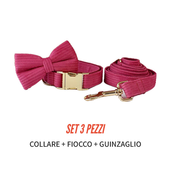 PERSONALIZZABILE - SET COLLARE PER CANI IN VELLUTO ROSA FRAGOLA A COSTE