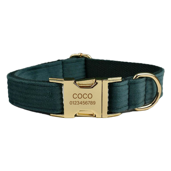 PERSONALIZZABILE - SET COLLARE PER CANI IN VELLUTO VERDE PETROLIO A COSTE