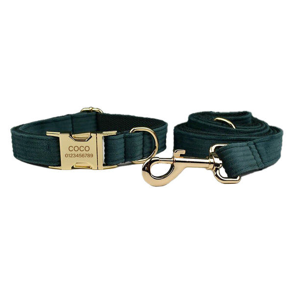 PERSONALIZZABILE - SET COLLARE PER CANI IN VELLUTO VERDE PETROLIO A COSTE