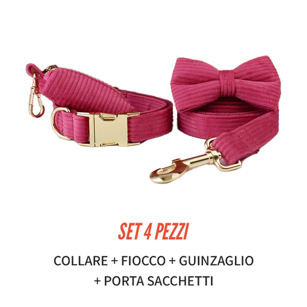 PERSONALIZZABILE - SET COLLARE PER CANI IN VELLUTO ROSA FRAGOLA A COSTE