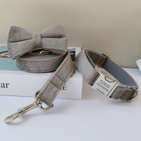 PERSONALIZZABILE - SET COLLARE PER CANI IN VELLUTO GRIGIO