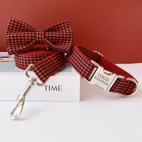 CUSTOMIZABLE - RED CHECKED DOG COLLAR SET