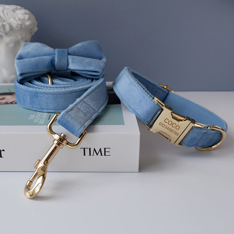 PERSONALIZZABILE - SET COLLARE PER CANI IN VELLUTO CELESTE