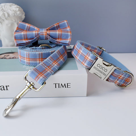 PERSONALIZZABILE - SET COLLARE PER CANI A QUADRETTI CELESTE E ARANCIONE