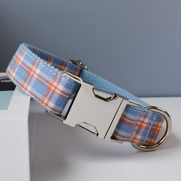 PERSONALIZZABILE - SET COLLARE PER CANI A QUADRETTI CELESTE E ARANCIONE