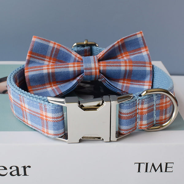 PERSONALIZZABILE - SET COLLARE PER CANI A QUADRETTI CELESTE E ARANCIONE